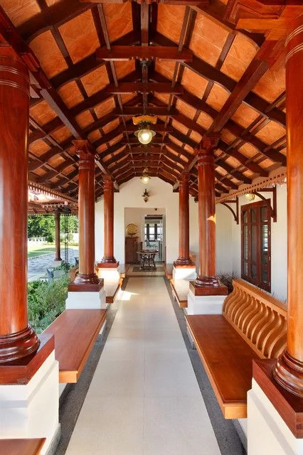 Traditional Indian veranda with wooden coffered ceiling and colonnade