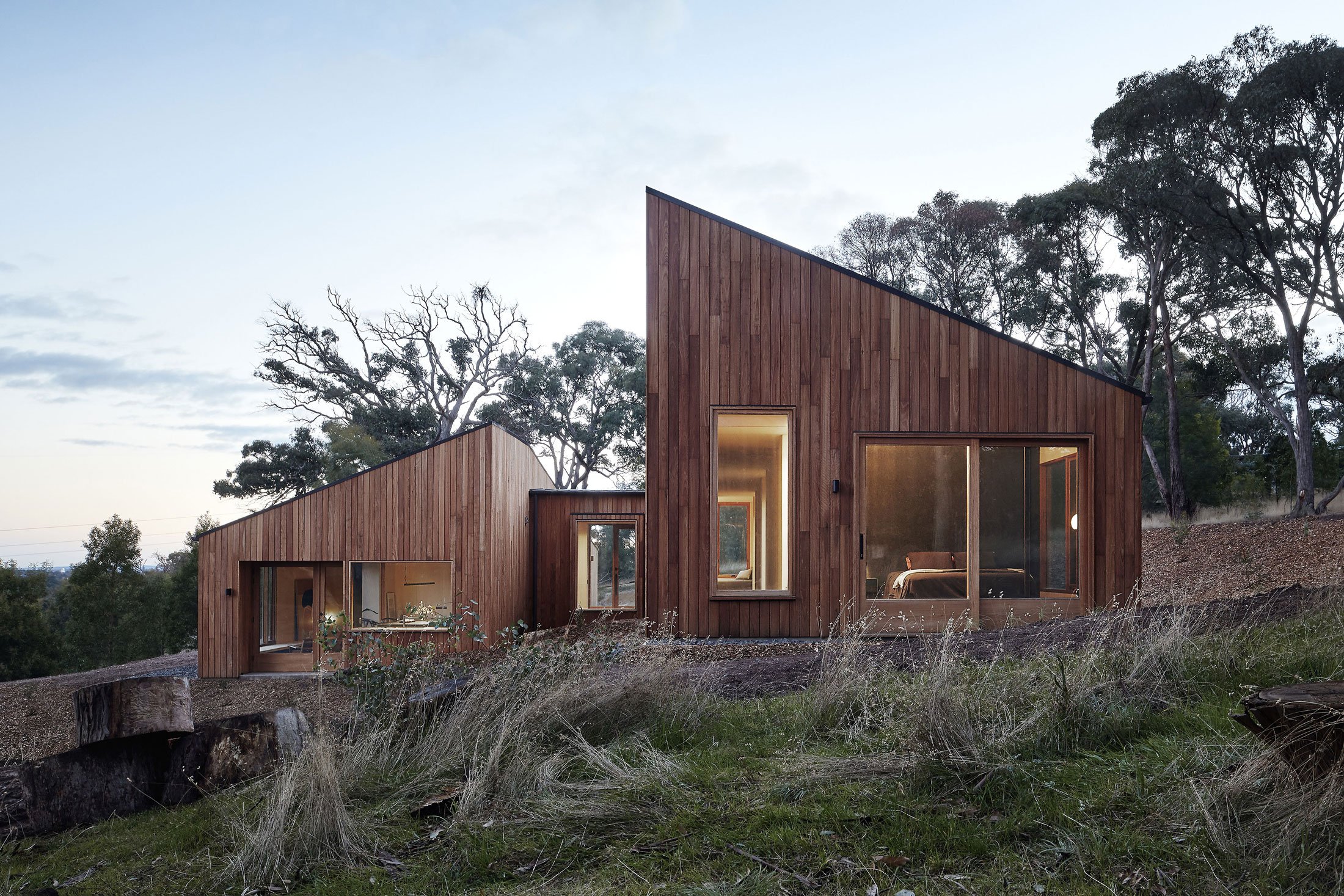 Modern wooden facade with dynamic roof geometry in natural surroundings