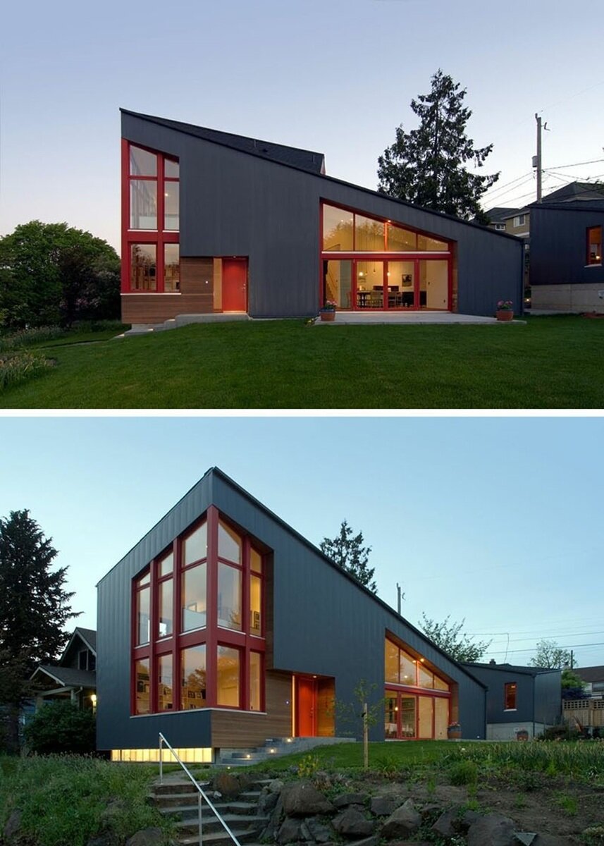 Modern minimalist house with contrasting facade and red window frames