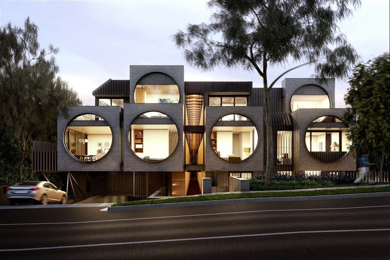 Modern Facade with Circular Porthole Windows in Gray Tones