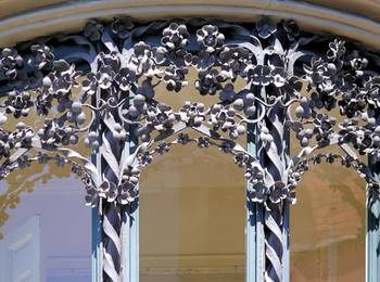 Wrought Iron Floral Facade Detail: Delicate Metalwork Arch Framing