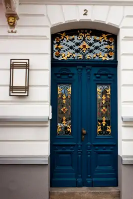 Elegant Blue Facade with Gilded Elements: Historic Door No. 2