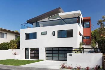 Modern Three-Level Residence with Minimalist White Façade and Terracotta Accent