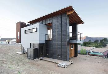 Contrasting Facade: Modern House with Vertical Wooden Cladding and Asymmetrical Roof