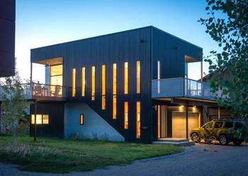 Contrasting Facade: Dark Vertical Cladding with Rhythmic Glazing