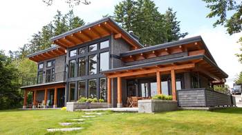 Modern Pacific Northwest Style Facade: Harmony of Wood, Stone and Glass in Forest Setting