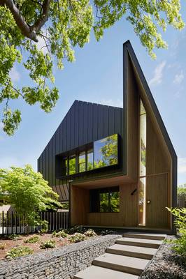 Two-tone facade: metal and wood combination in a contemporary minimalist house