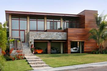 Modern Two-Level Façade with Wood and Stone Combination