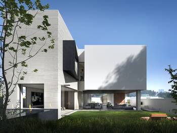 Minimalist facade with contrasting volumes: white concrete, black accents and panoramic glazing