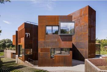 Brutal Corten Steel Facade with Dynamic Cubic Composition