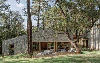 Stone facade with panoramic glazing: harmony in a forest landscape