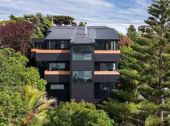 Modern Three-Story House with Dark Facade and Wooden Accents