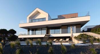 Contemporary two-level house with contrasting façade and gabled roof