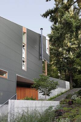 Contemporary house with horizontal metal facade in forest surroundings