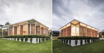 Pavilion House with Wooden Screen Facade and Mono-Pitched Roof