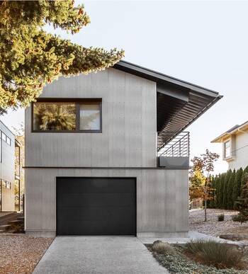 Contemporary minimalist corrugated metal façade with asymmetrical roof