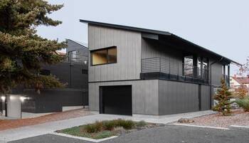 Modern Minimalist Facade with Vertical Cladding and Asymmetrical Roof