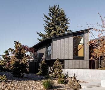 Modern house with vertical wooden facade and asymmetrical roof