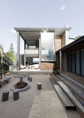 Modern coastal facade with harmonious combination of glass and wood