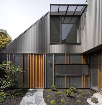 Modern facade with contrasting combination of metal and wood