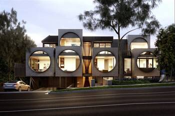 Modern Facade with Circular Porthole Windows in Gray Tones