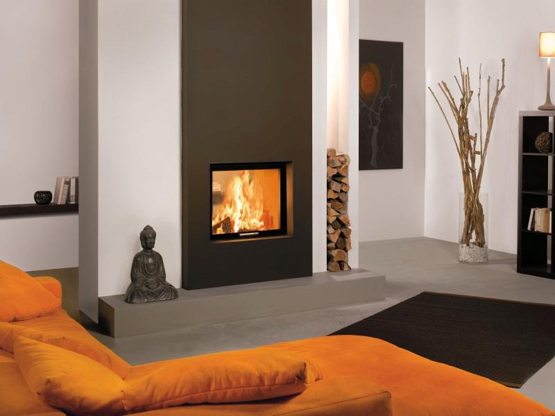A fireplace in a minimalist style