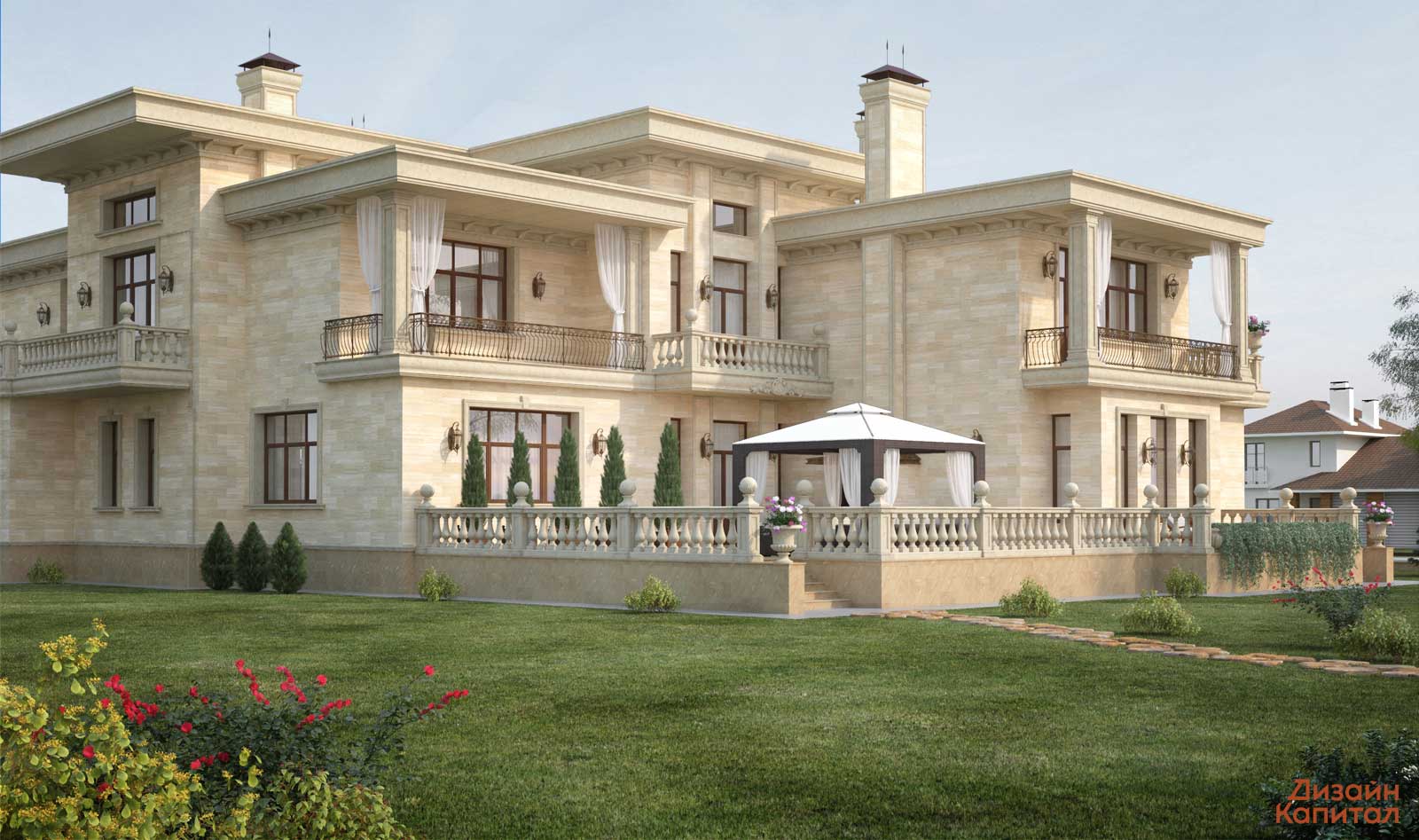 Facade design of a large house with sandstone finish. Modern Classical