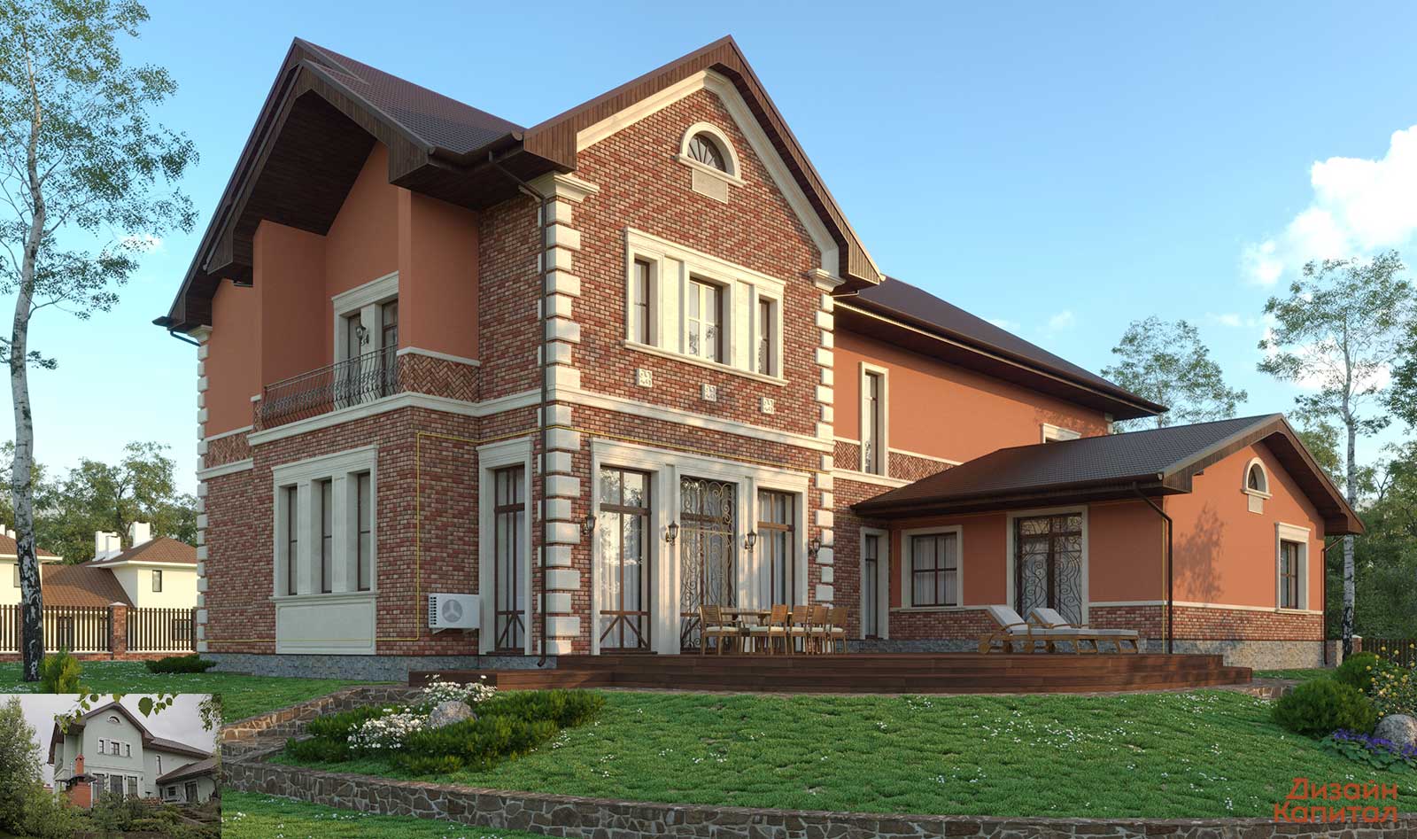 Marsala house facade. Stucco and dark brick, with Bavarian masonry