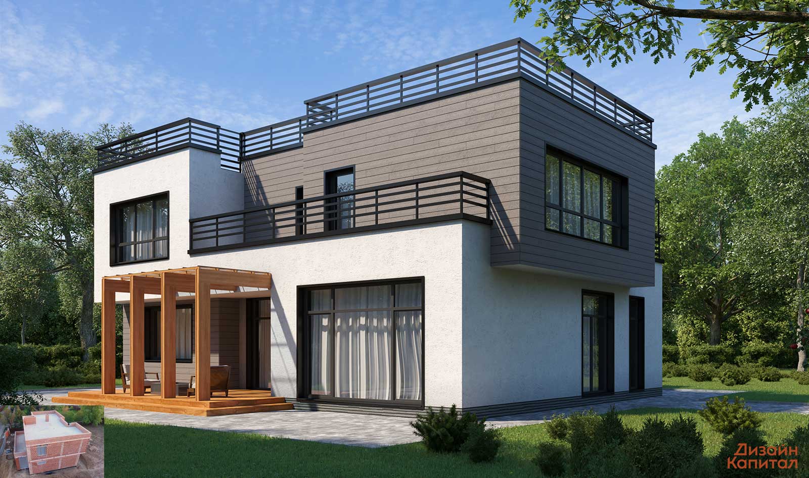 Modern house facade. White stucco on the first floor and gray fiber cement boards on the second floor