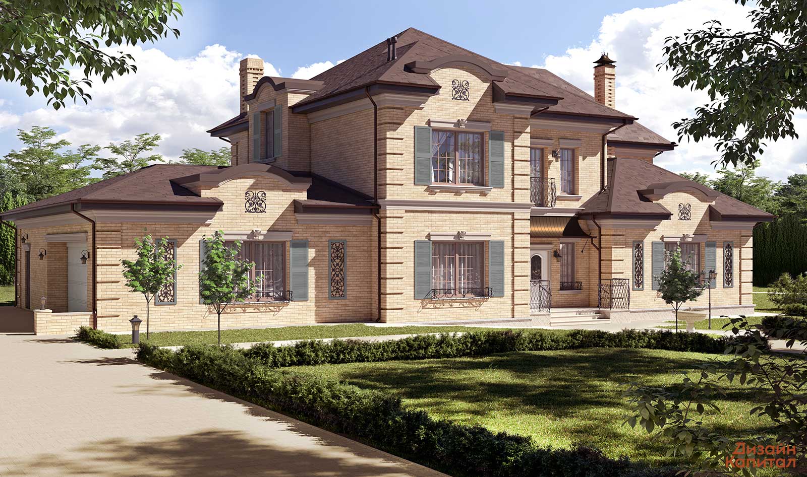 English mansion facade design. Beige brick. Copper visor over the entrance.