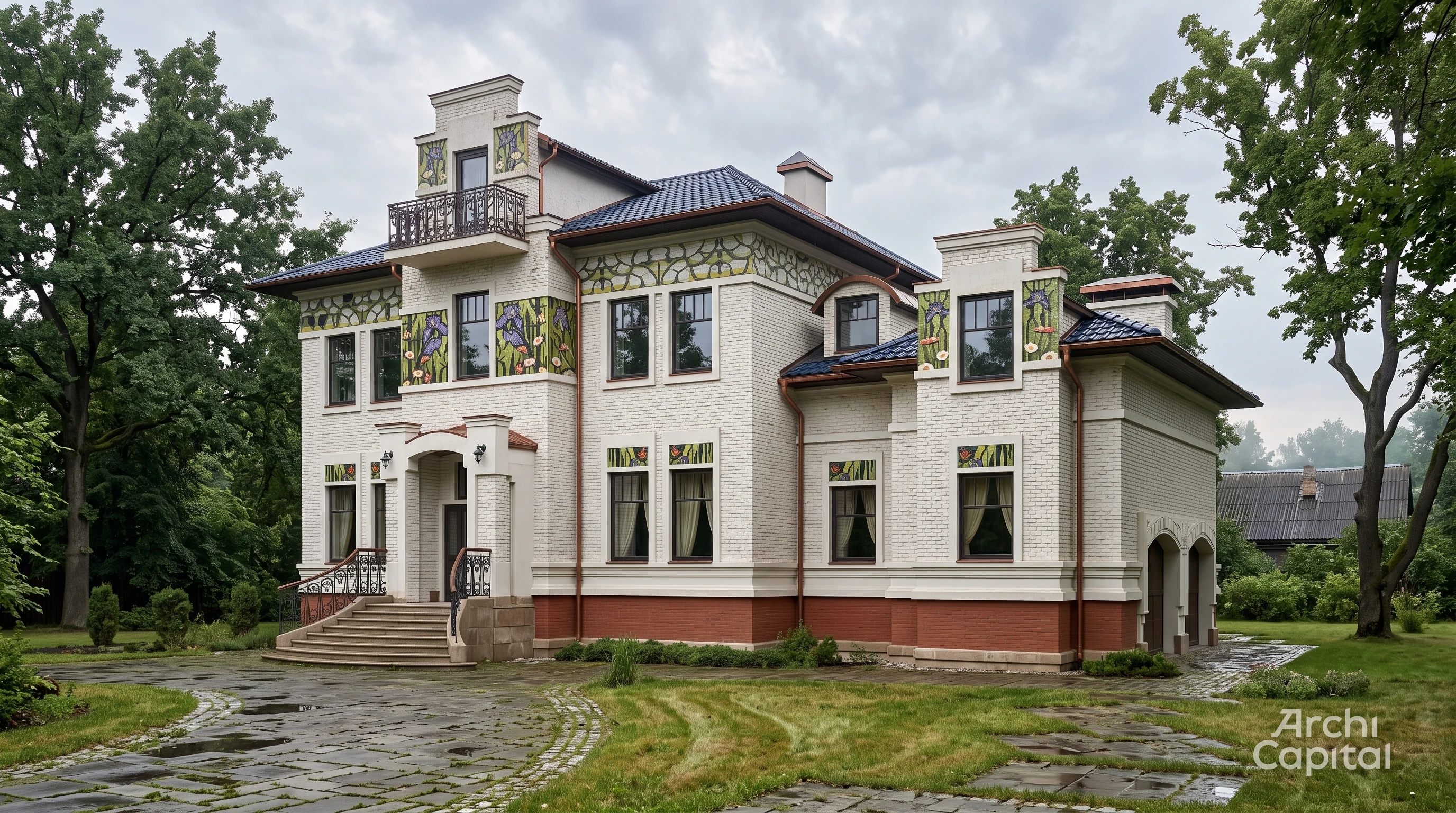 White brick façade with large green panels of flowers and storks