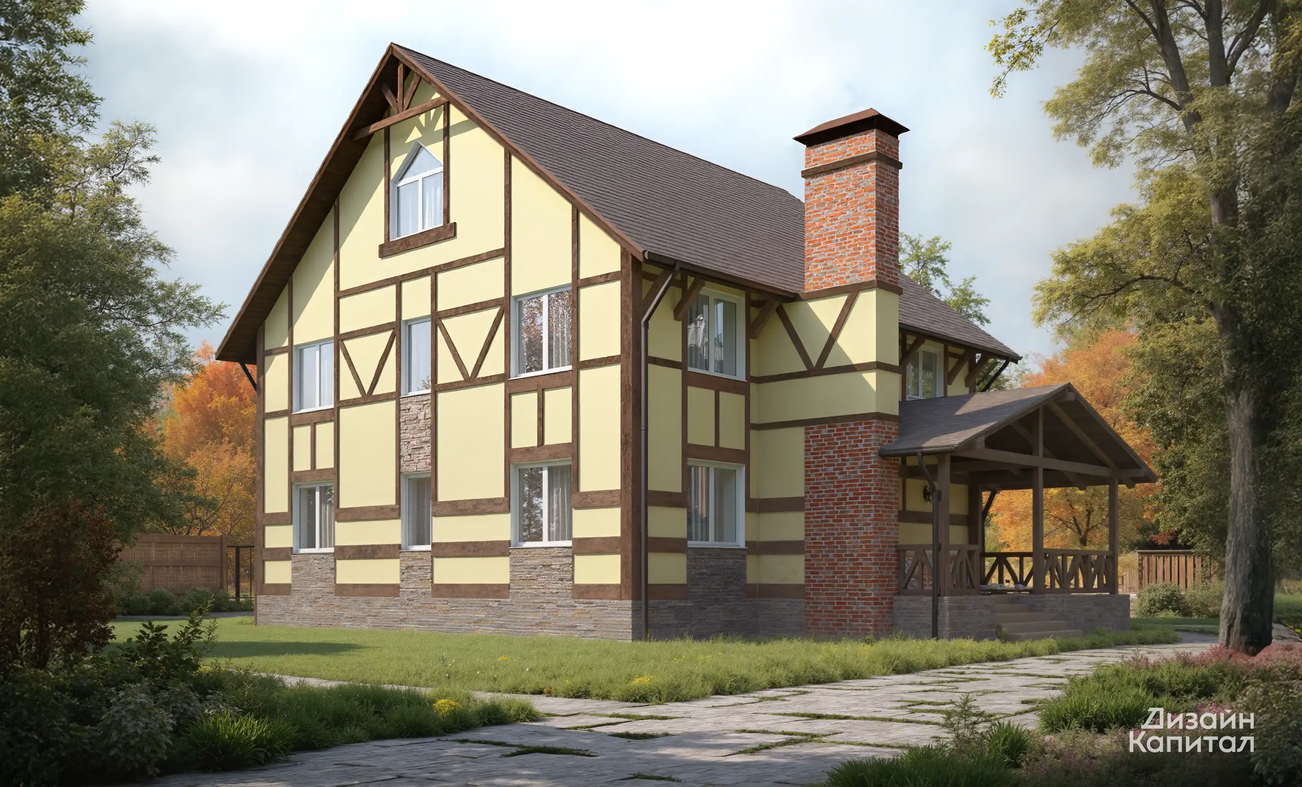 Facade of an elongated two-story house in modern style. Ceramic inlays