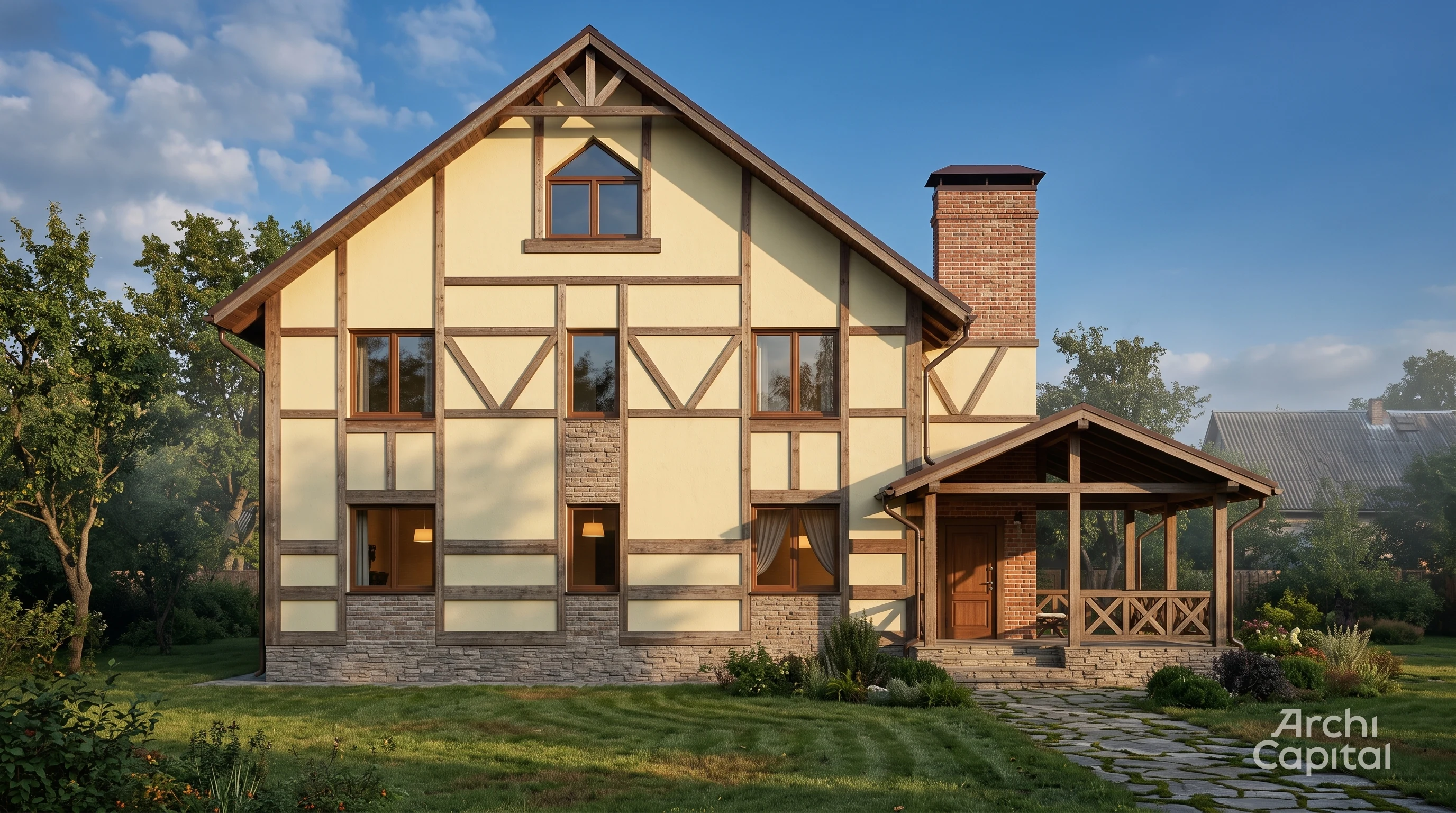 Facade of an elongated two-story house in modern style. Ceramic inlays