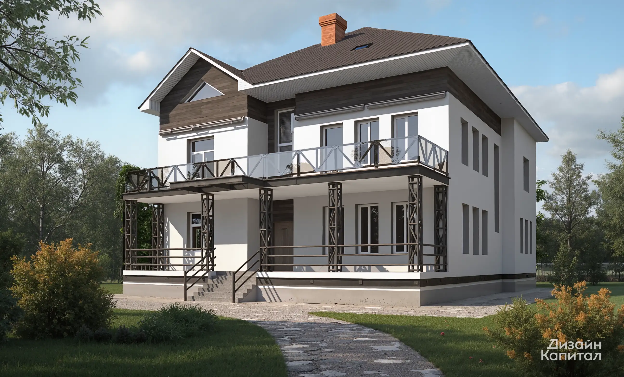 Facade of industrial style house. Glass and framed frames. Dark wood