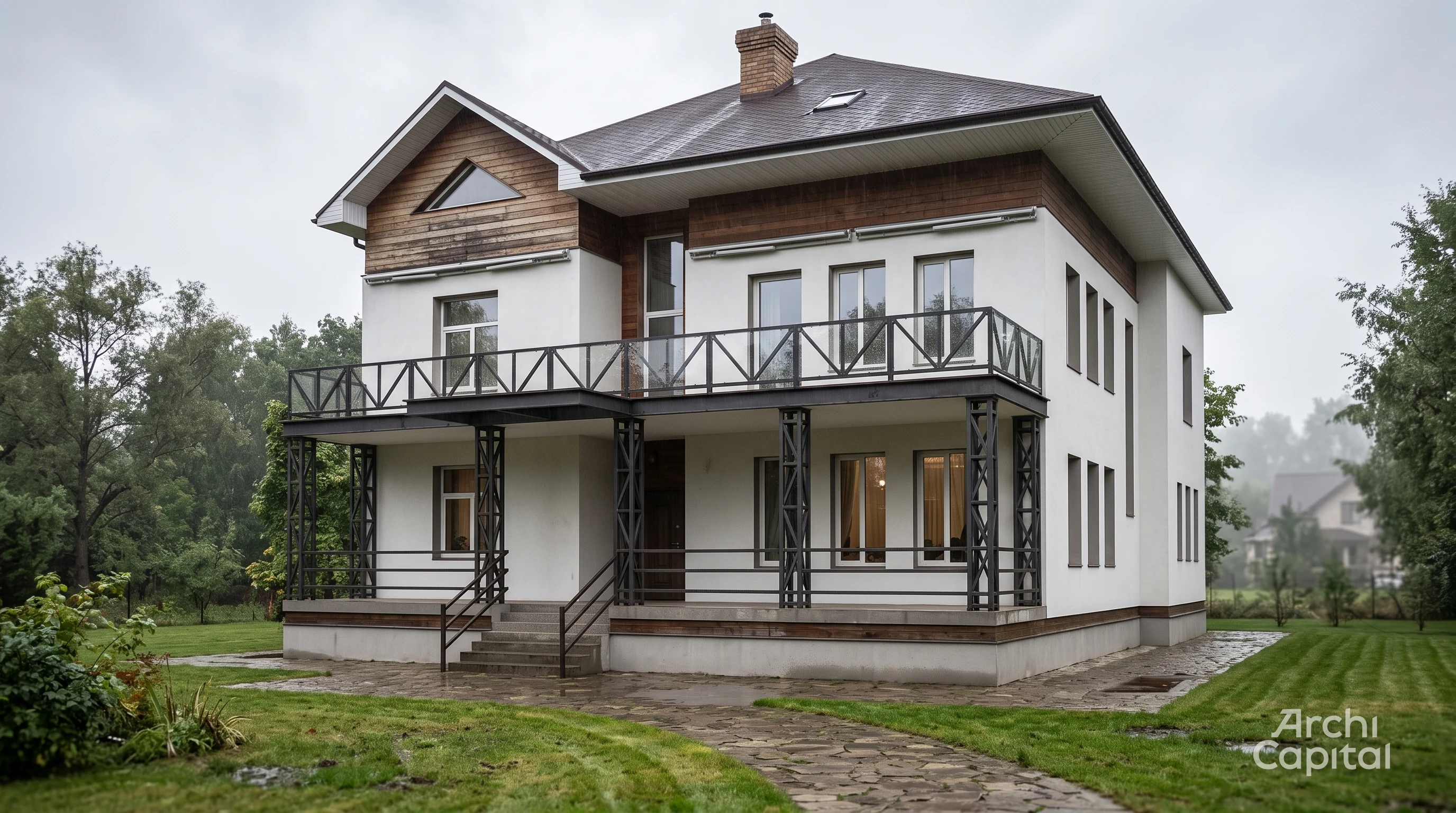 Facade of industrial style house. Glass and framed frames. Dark wood