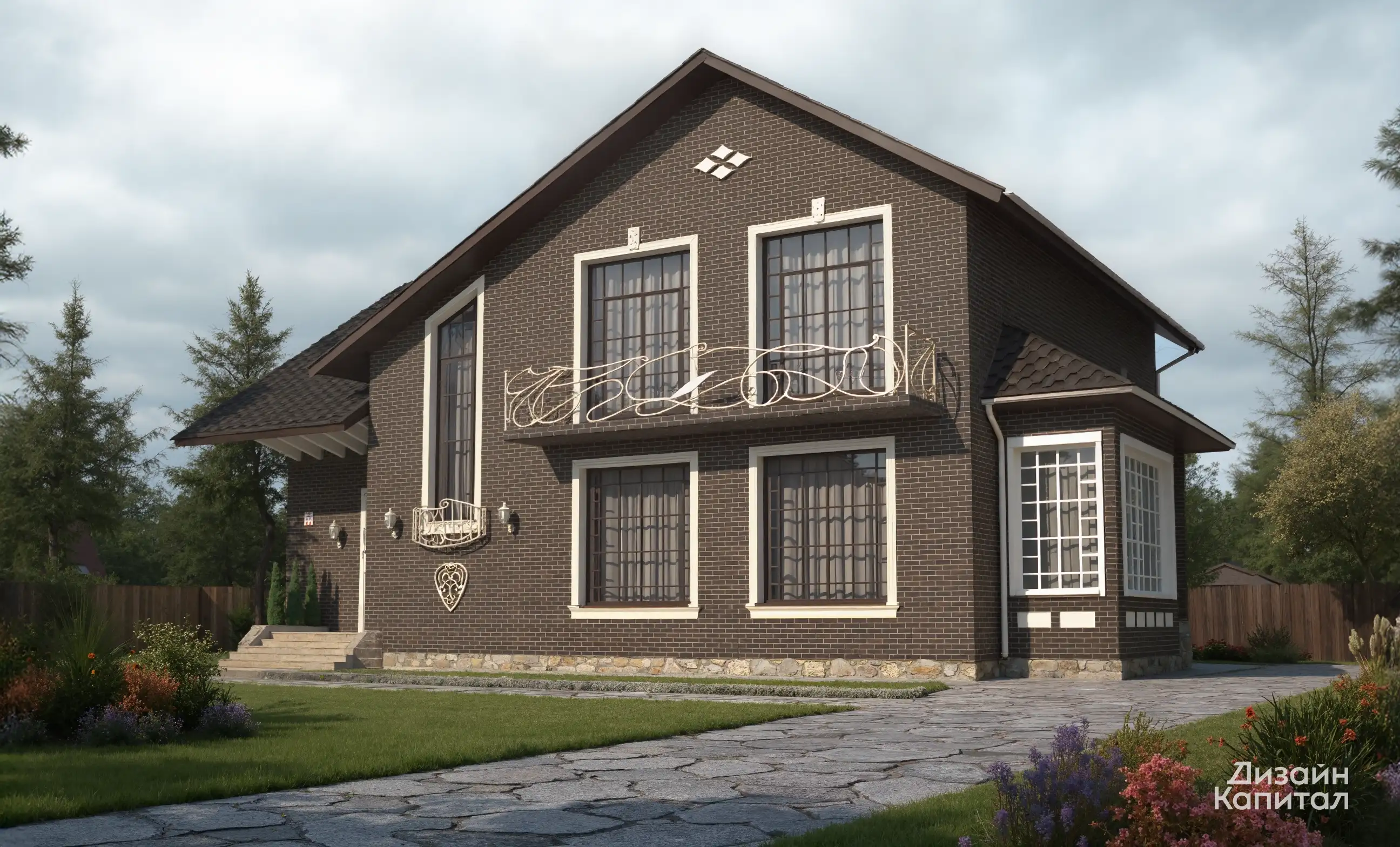 Dark chocolate-colored brick facade