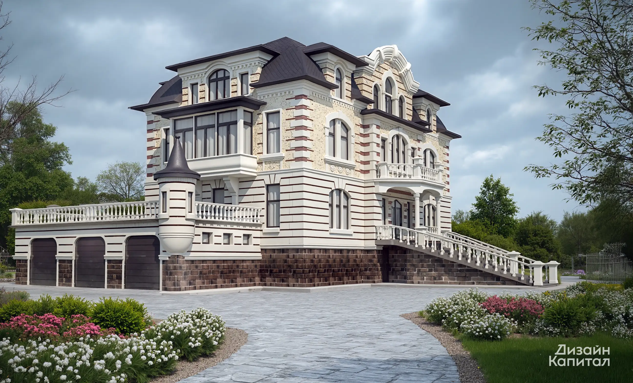 Facade of a three-story Flanders-style house with opulent decorations and a large garage