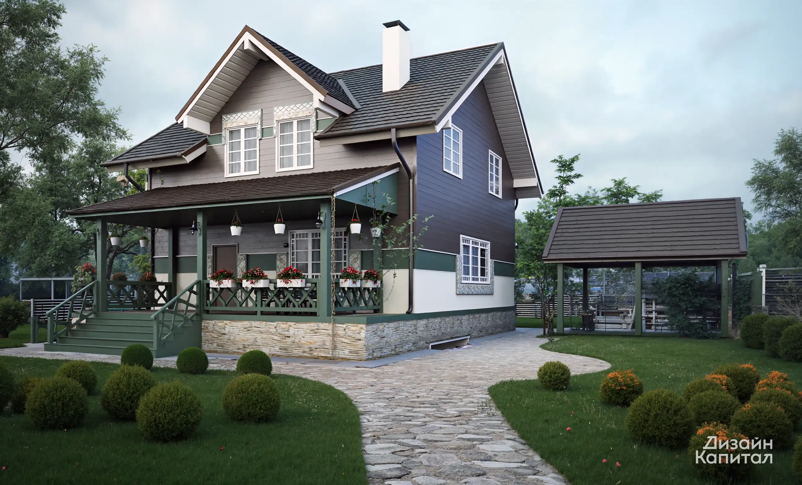 Dark brown fiber cement board facade. Wood details in muffled green.