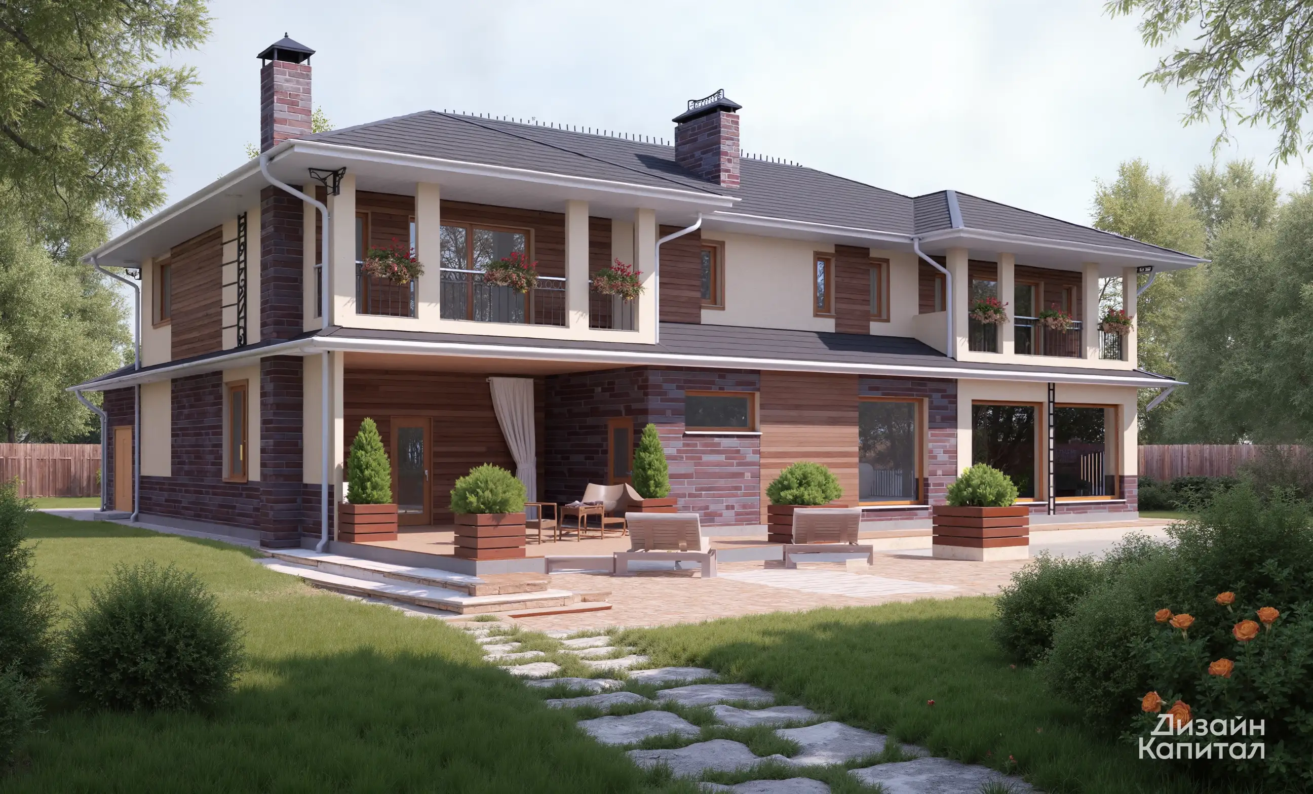 The facade of a large modern house. The recreation ground in front of the house