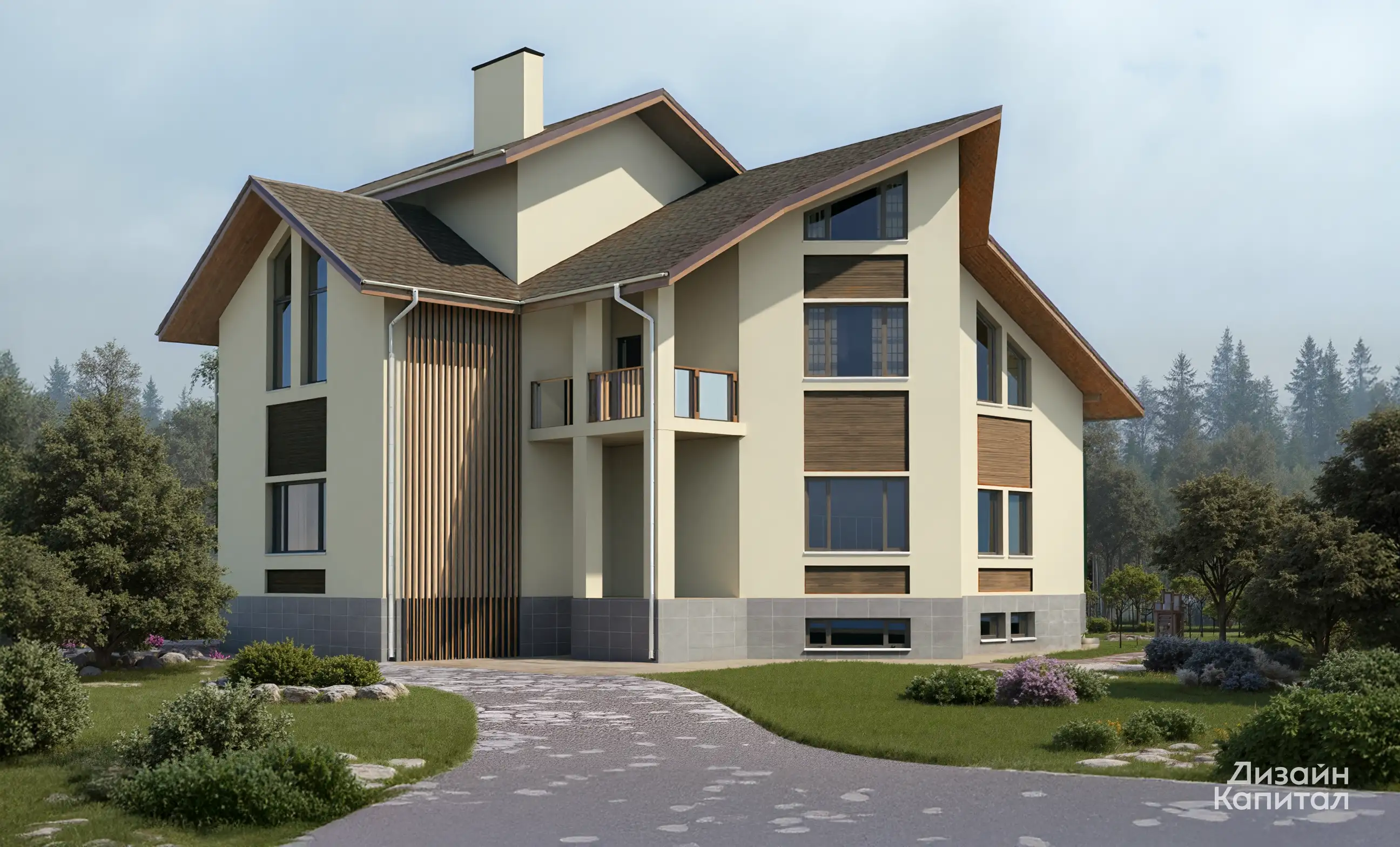 Modern facade of a chalet-style house. Decorative vertical planks