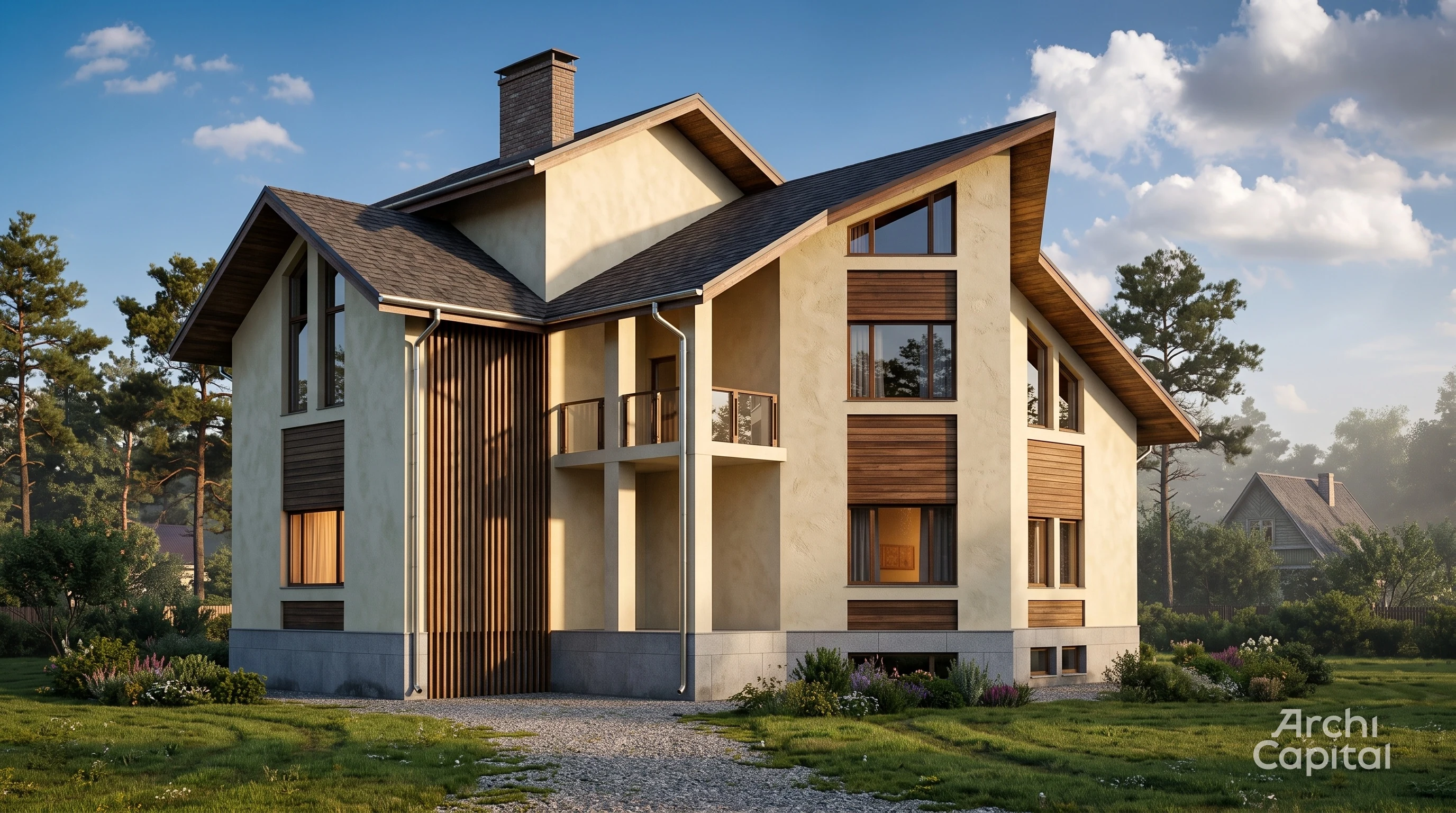 Modern facade of a chalet-style house. Decorative vertical planks