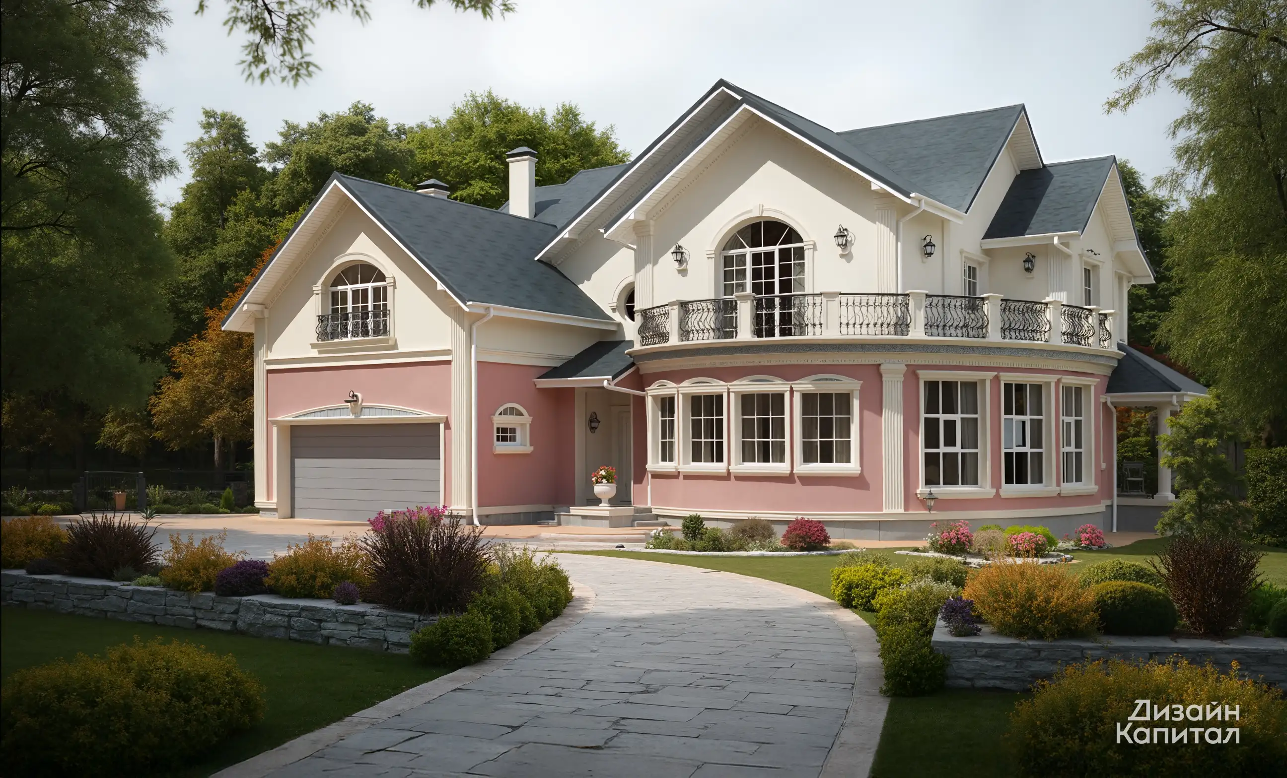 Facade of a house in classical style. The first floor is pink, the second floor is milky