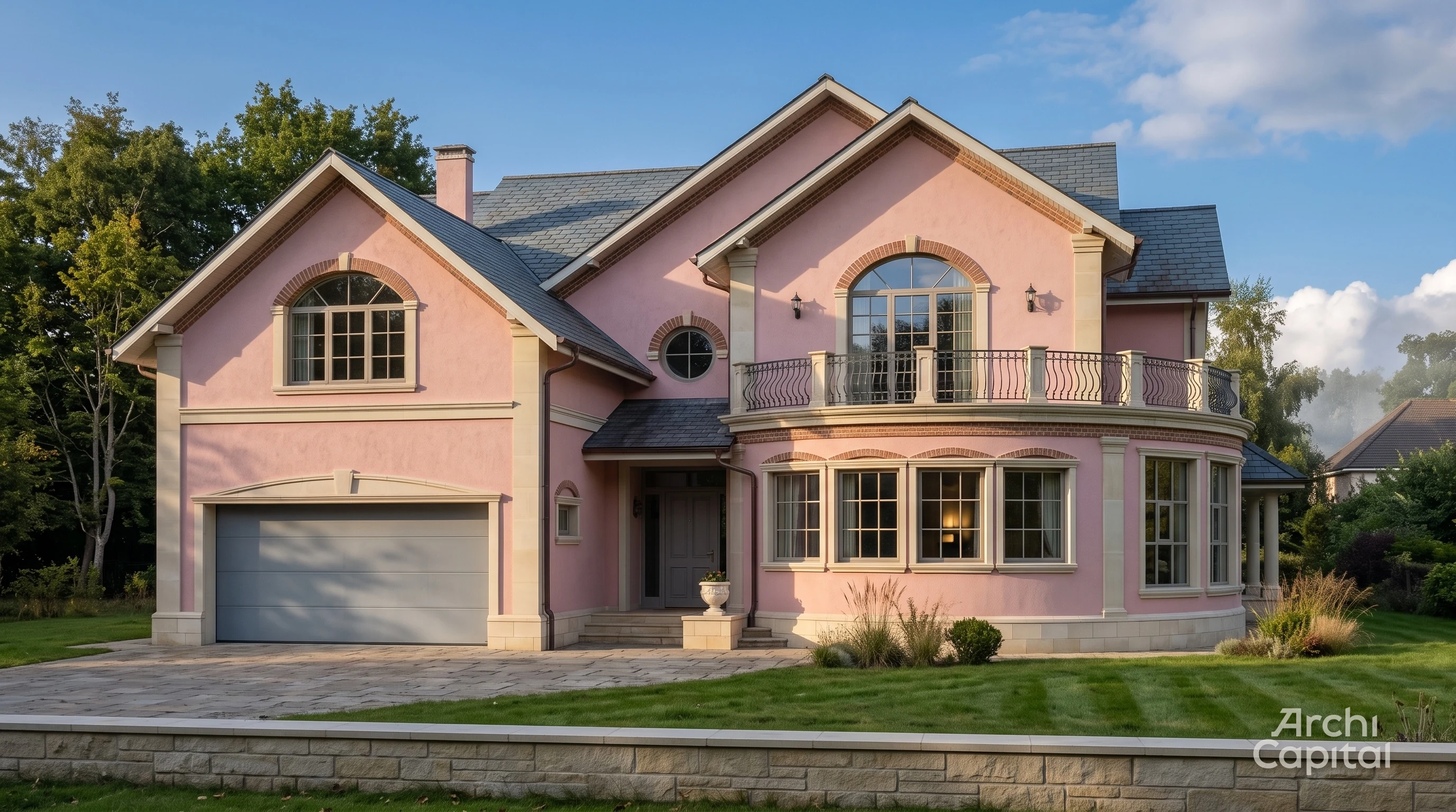 Facade of a house in classical style. The first floor is pink, the second floor is milky