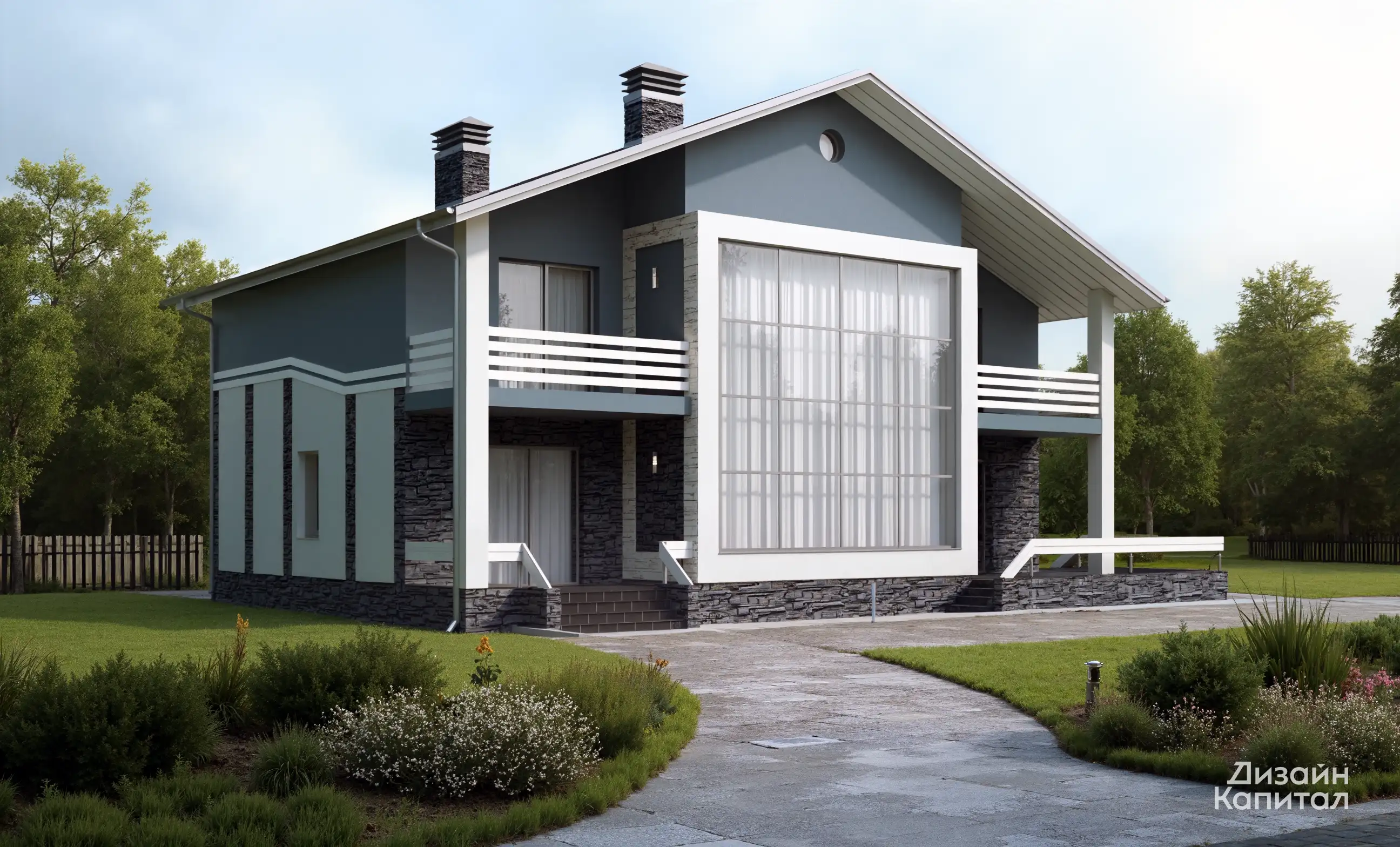 Facade of lead-colored house with active square and white railings