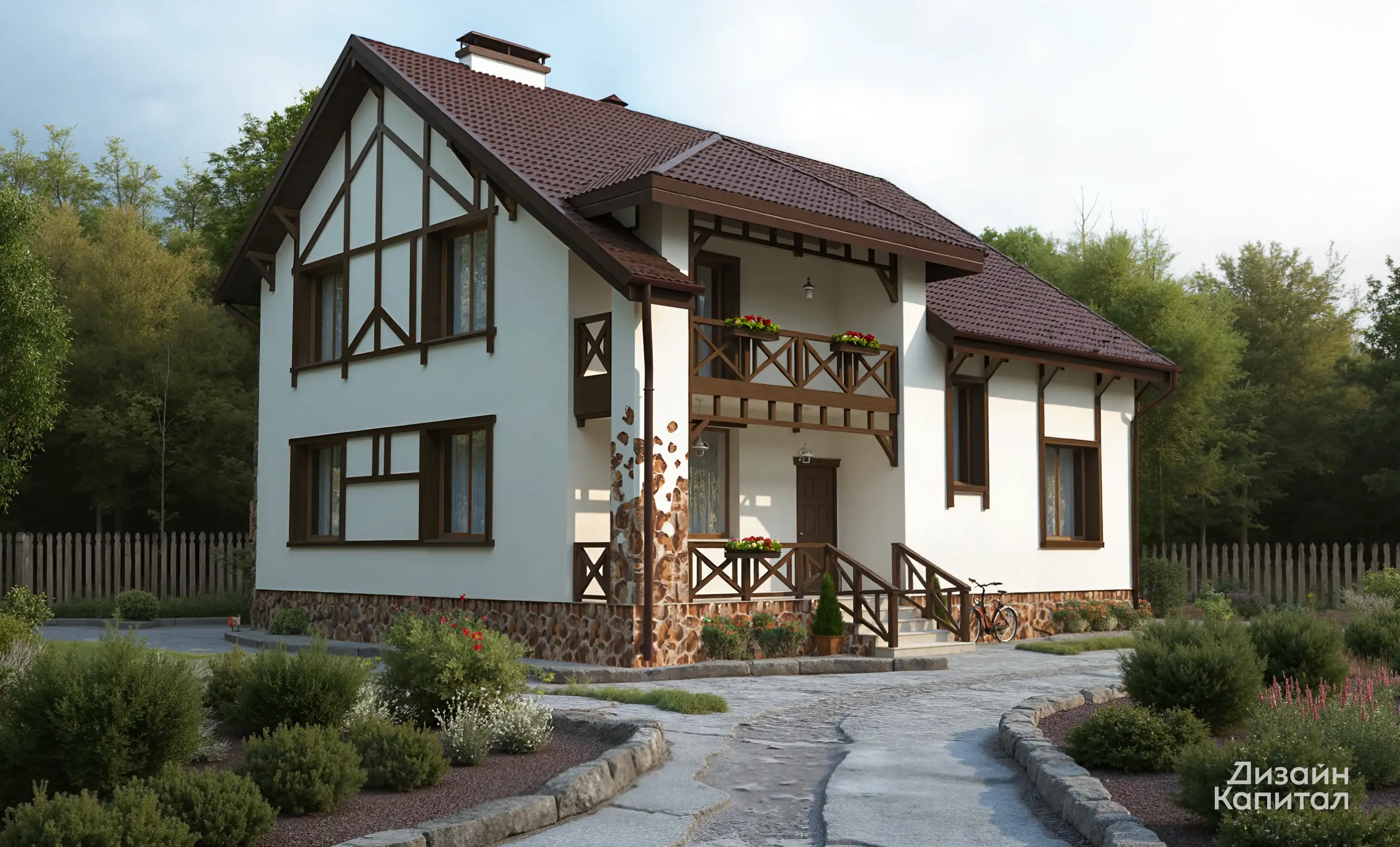 Facade of chalet house with interesting column design