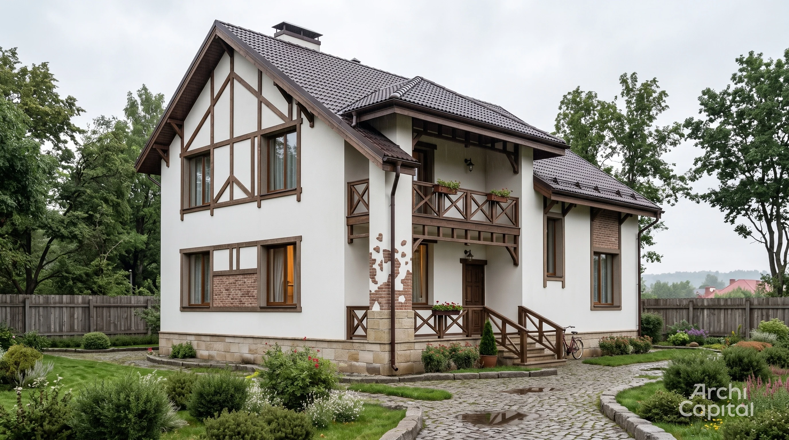 Facade of chalet house with interesting column design