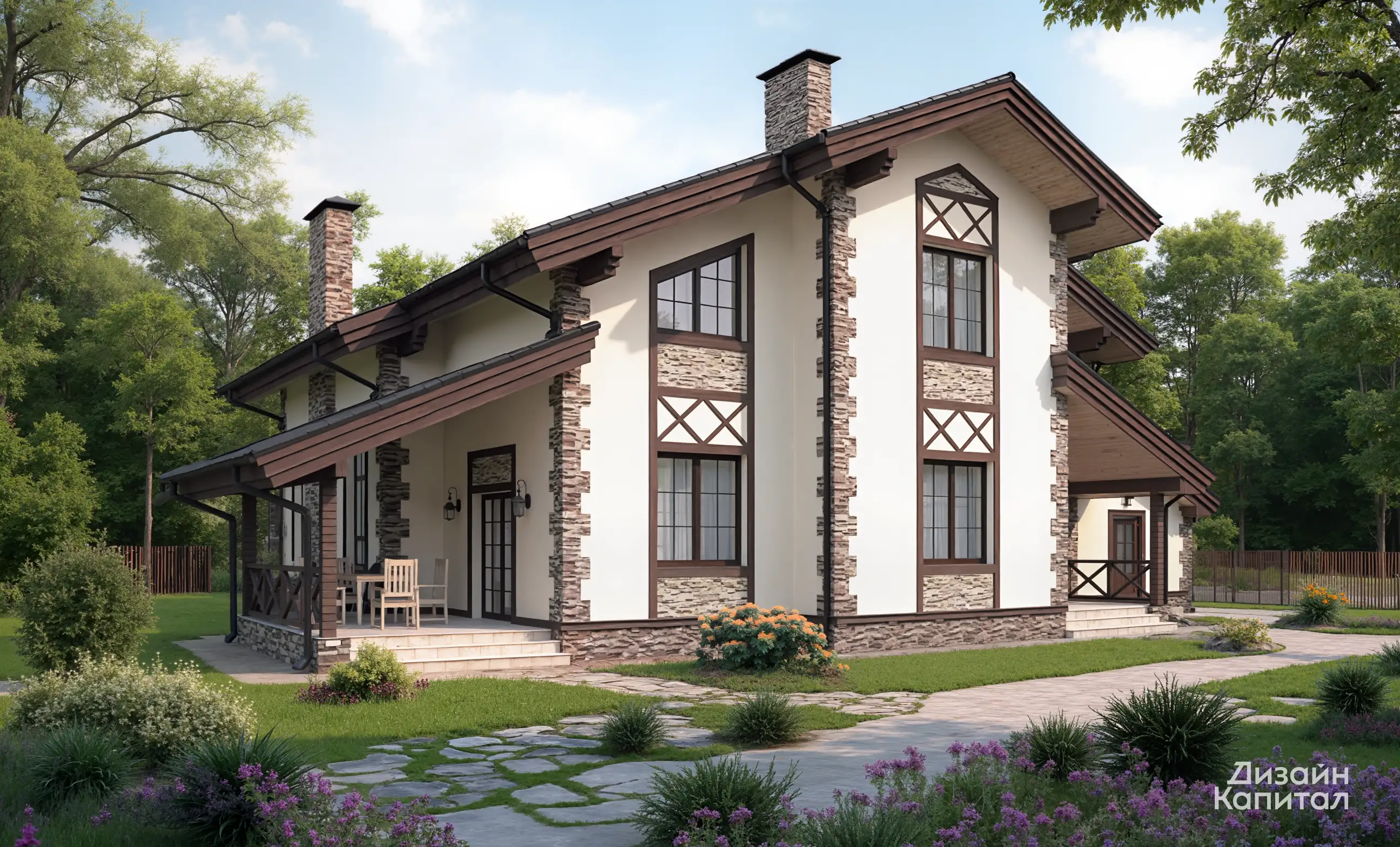 Chalet-style facade with a small terrace in Moscow