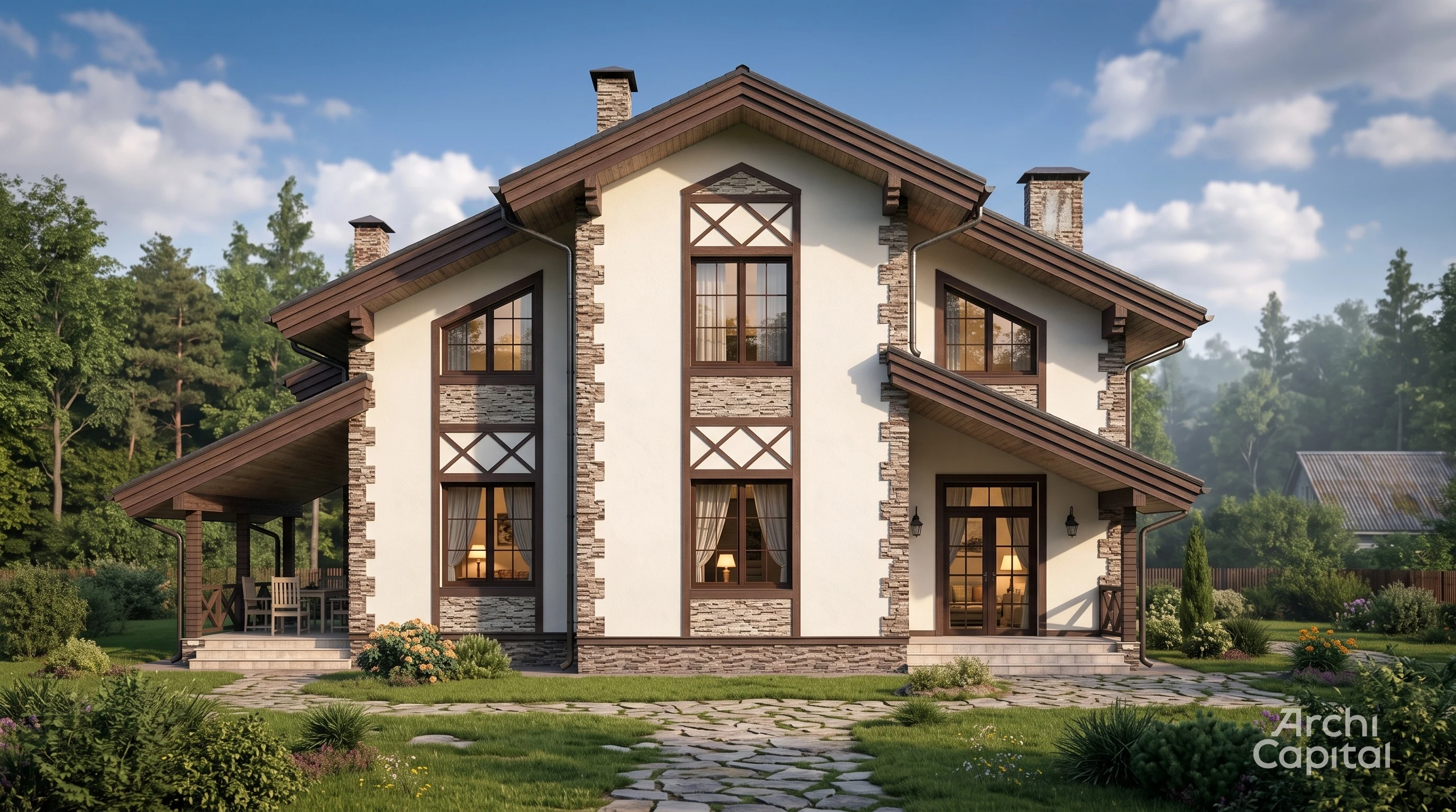 Chalet-style facade with a small terrace in Moscow
