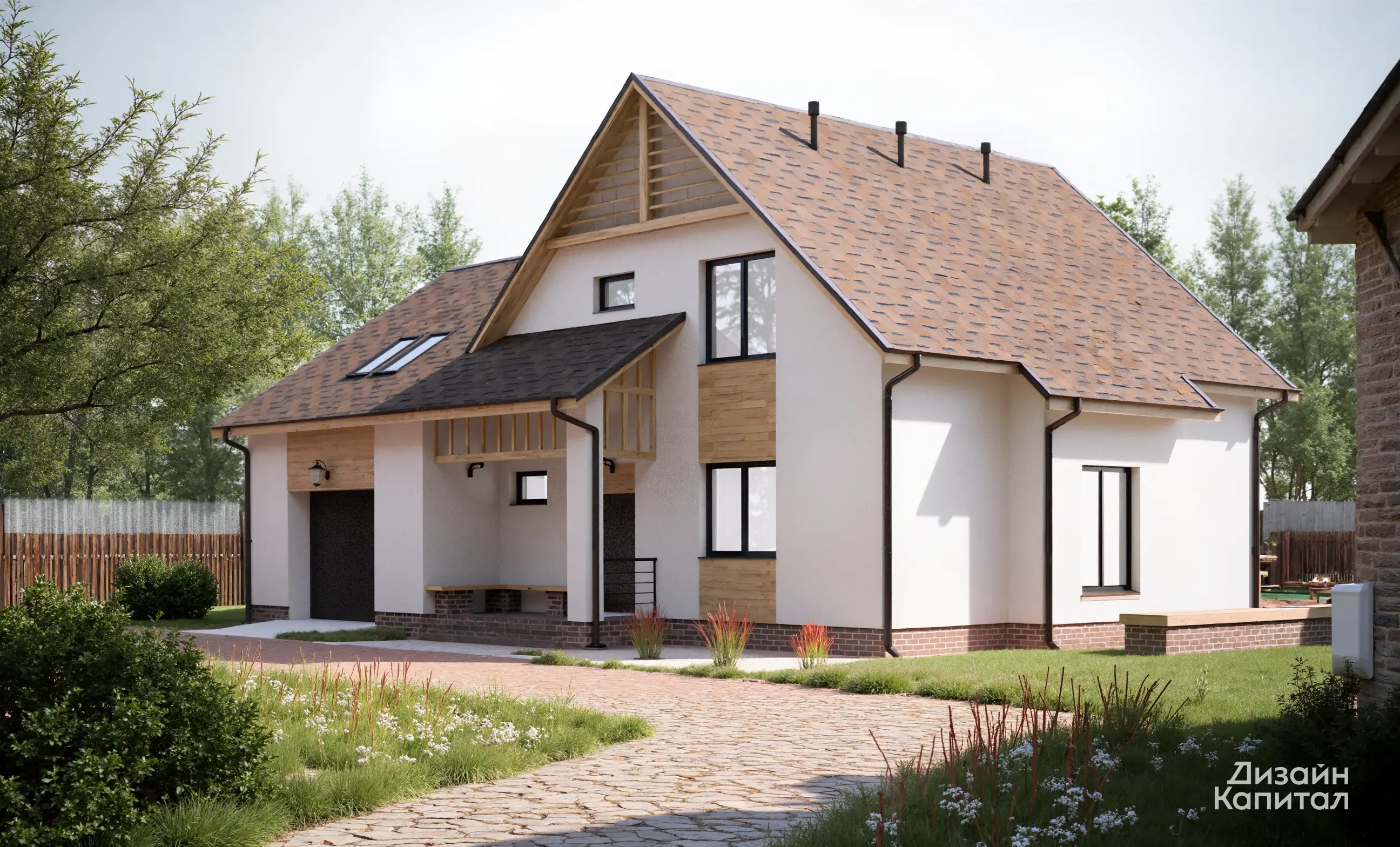 The façade of a small modern house with a pincushion