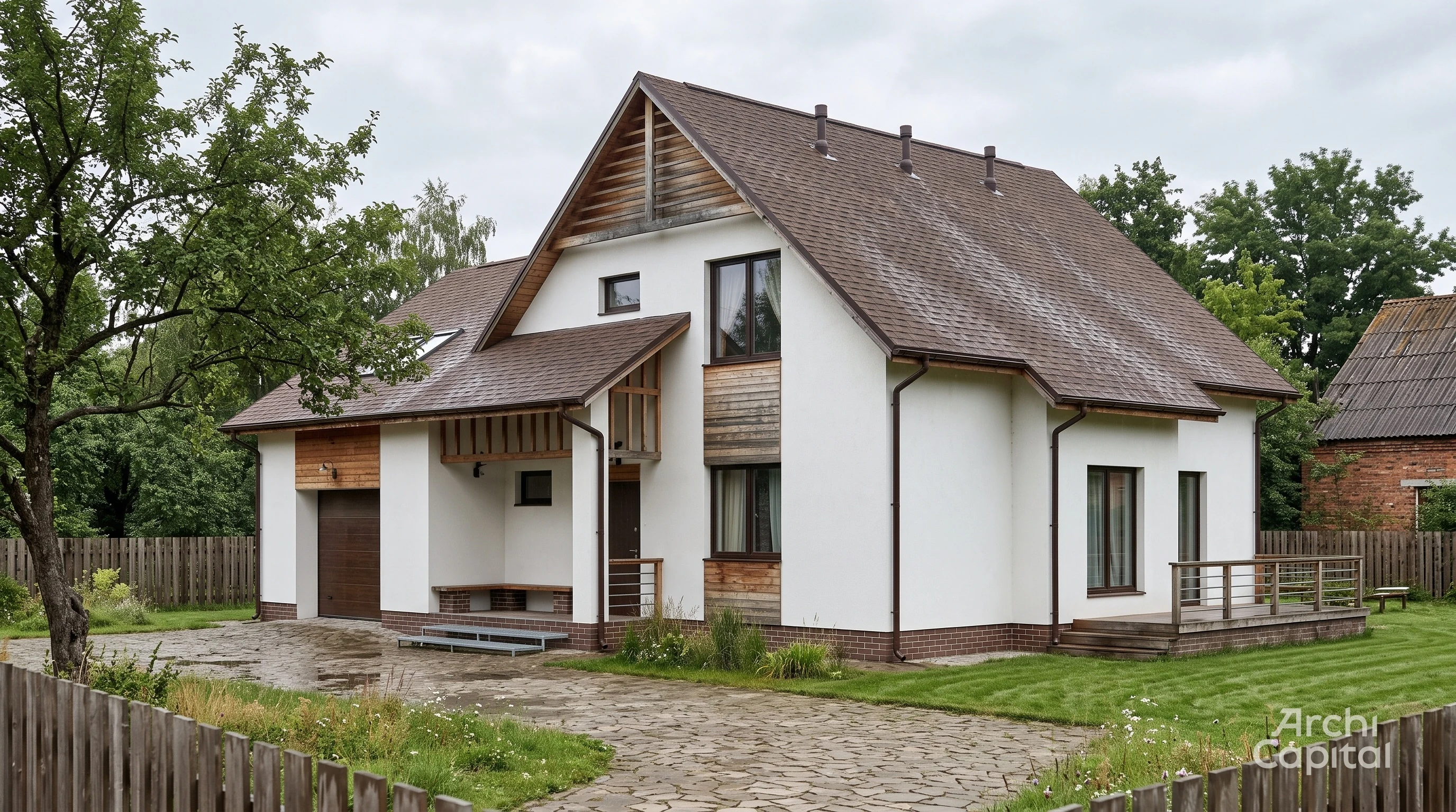 The façade of a small modern house with a pincushion